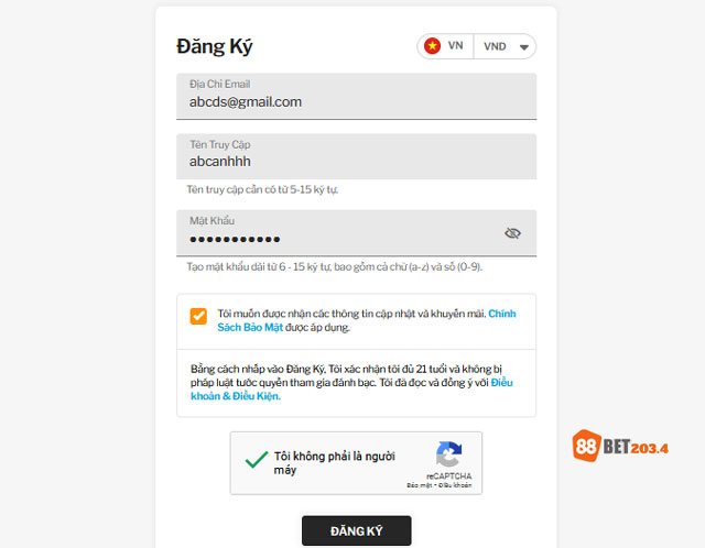 Biểu mẫu đăng ký 88bet cần điền
