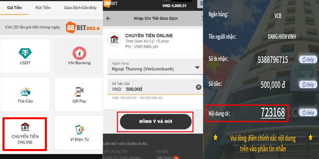 Các thao tác của chuyển tiền online 88bet