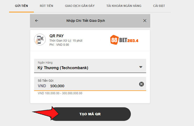 Nhấn vào tạo mã QR khi chọn nạp tiền QR Pay